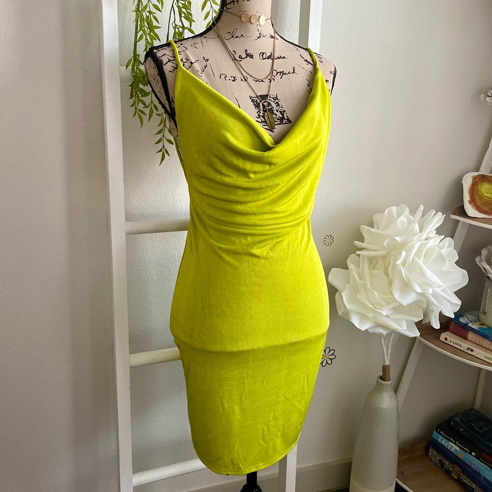 Lime Green Backless Plunging Neckline Mini Dress Large